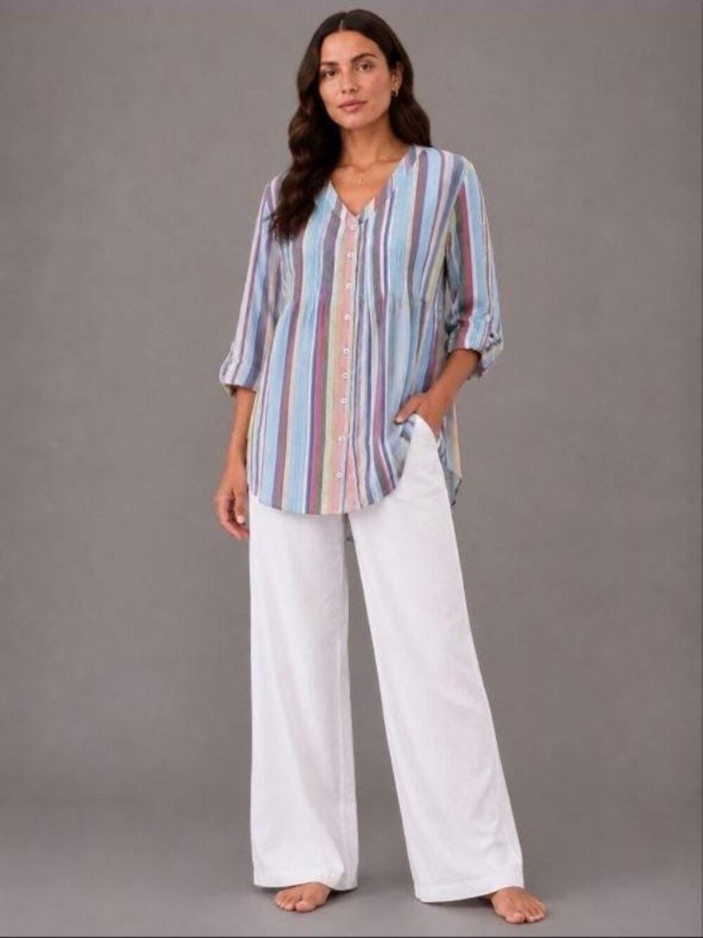 Roaman’s Women’s 20W Cotton Striped Tunic Shirt Multicolor Button Fr 3/4 Sleeve